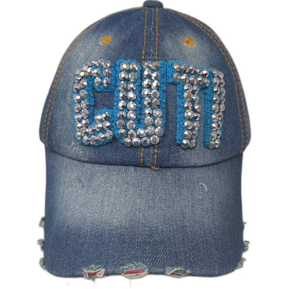 Magid Blue Denim Baseball Cap Studded Cute Distressed Rhinestones OS Slideback